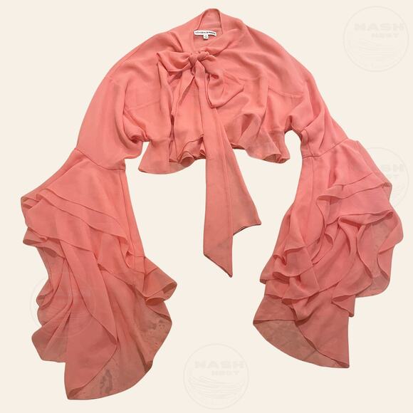 For Love & Lemons Joana Crop Top Coral | Ruffle Bell Sleeve Tie Neck, S, $229 - Picture 2 of 12